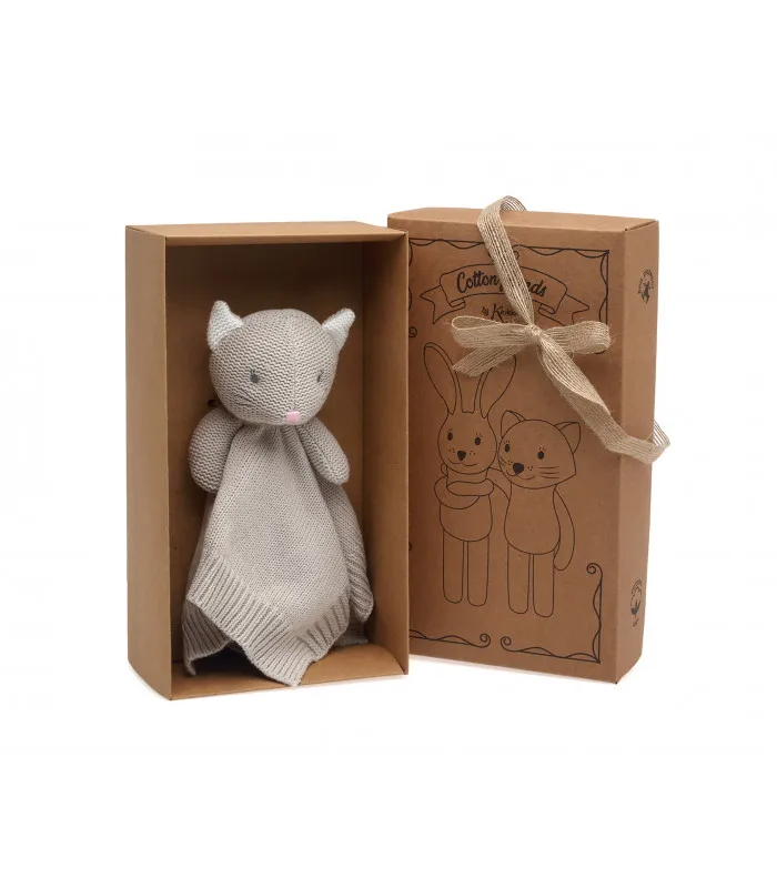 KIOKIDS DOUDOU IN COTONE 100% GATTINO GRIGIO 25 CM. ECO FRIENDLY IN SCATOLA - immagine 3